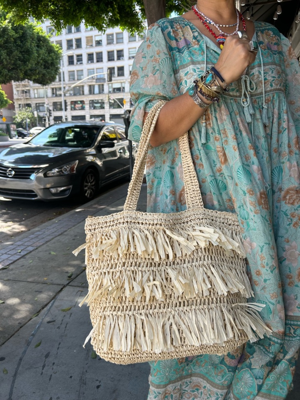 Woven Fringe Straw Tote Bag - Natural